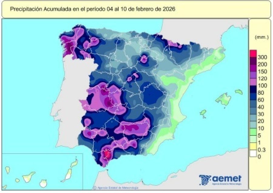 Espa&ntilde;a registra 429 l/m2 de lluvias acumuladas desde el 1 de octubre, un 38% m&aacute;s de lo habitual